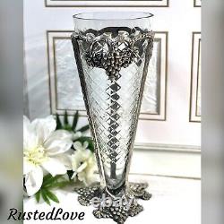 Cut Glass Vase in Silver Plated holder with grapes Footed Stand Flower Vase
