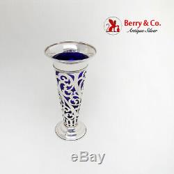 Cut Work Trumpet Vase Cobalt Glass Insert Watrous Sterling Silver 1910