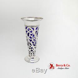 Cut Work Trumpet Vase Cobalt Glass Insert Watrous Sterling Silver 1910