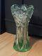 Cut Glass To Clear Green Corset Vase Bohemian Val Lambert Sawtooth 9 7/8