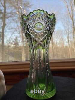 Cut glass To Clear Green Corset Vase Bohemian Val Lambert Sawtooth 9 7/8