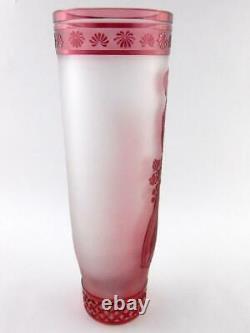 Cut to Clear Crystal Cranberry Geisha Vase Signed Ingrid Art Glass Vase A+ COND