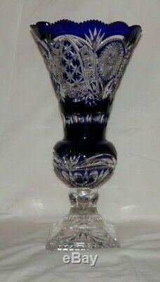 + Czech Bohemian Cobalt blue lead crystal cut to clear Flower Vase 14 tall WOW