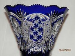 + Czech Bohemian Cobalt blue lead crystal cut to clear Flower Vase 14 tall WOW