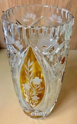 Czech Bohemian Crystal Glass Vase With 3 Amber Cut To Clear Panels