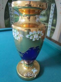 Czech Bohemian Crystal Gold & Ceramic Applied Flowers & Red To Clear Cut Vases
