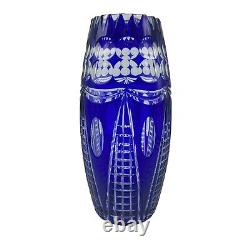 Czech Bohemian Vintage Cobalt Blue Cut to Clear Crystal Cut Glass Vase 9 inches