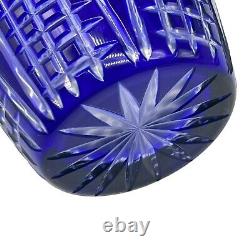 Czech Bohemian Vintage Cobalt Blue Cut to Clear Crystal Cut Glass Vase 9 inches