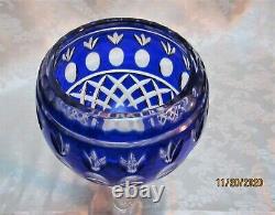 Czech Cobalt Blue Cut to Clear Crystal Long Stem Wine Candle Holder Votive Vase