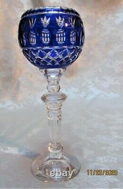 Czech Cobalt Blue Cut to Clear Crystal Long Stem Wine Candle Holder Votive Vase