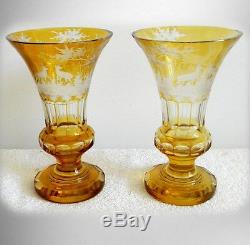 Czech pair of art glass vases amber cut to clear deer forest