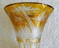 Czech pair of art glass vases amber cut to clear deer forest