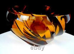 Daum Nancy France Signed Art Glass Brown Heavy Thick Leaf Cut 6 3/4 Bowl Vase