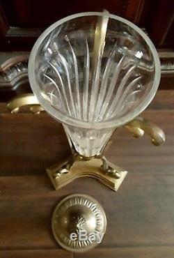 Decorative Ormolu Cut Glass Vase Urn Brass Rim Base Lid