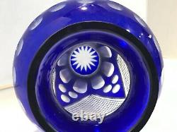 Deep Cobalt Blue Glass Cut to Clear Vase Diamond Button Thumbprint Wheat 11.5
