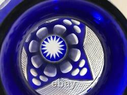 Deep Cobalt Blue Glass Cut to Clear Vase Diamond Button Thumbprint Wheat 11.5