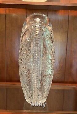 EUC Vintage Etched Lead Crystal Oval Vase Unmarked 11 Tall