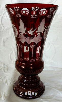 Egermann 1920's Antique Ruby Red Cut Etched Glass Vase Large Heavy 11-3/4 Tall