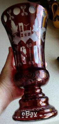 Egermann 1920's Antique Ruby Red Cut Etched Glass Vase Large Heavy 11-3/4 Tall
