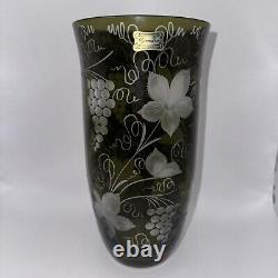 Egermann Bohemian Czech Olive Green Cut To Clear Floral 9 Vase