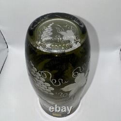 Egermann Bohemian Czech Olive Green Cut To Clear Floral 9 Vase