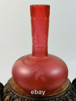 Elegant Antique Cranberry Flowering Raspberry Acid Etched Cut Art Glass Vase
