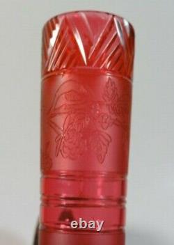 Elegant Antique Cranberry Flowering Raspberry Acid Etched Cut Art Glass Vase