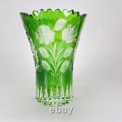 Emerald Green Cut to Clear Glass Crystal Vase Rose Pattern 6 Tall Sawtooth