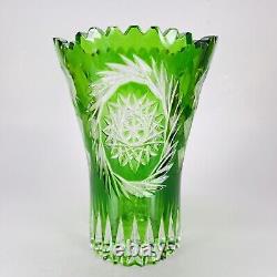 Emerald Green Cut to Clear Glass Crystal Vase Rose Pattern 6 Tall Sawtooth