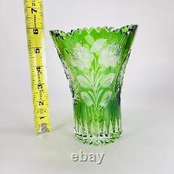 Emerald Green Cut to Clear Glass Crystal Vase Rose Pattern 6 Tall Sawtooth