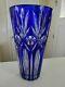 Exquisite Crystal Cobalt Blue Cut To Clear Tapered Vase 8 Tall