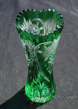 Exquisite! Vintage Green Cut-to-Clear 8-1/4 CRYSTAL VASE