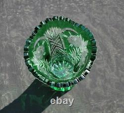 Exquisite! Vintage Green Cut-to-Clear 8-1/4 CRYSTAL VASE