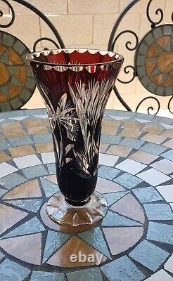 Exquisite Vintage Large Cut To Clear Cranberry Red Crystal Glass Vase Rare Cut