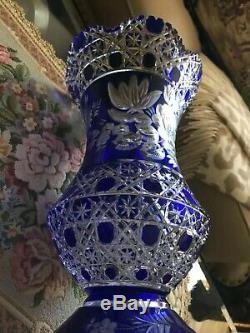 FAB! Vintage Large Signed Meissen Cobalt Blue Cut to Clear Crystal Footed Vase