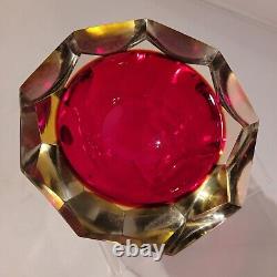 Faceted Red Murano Sommerso Diamond Cut Glass Bowl Attributed to Mandruzzato