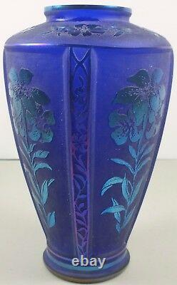 Fenton Art Glass Cobalt Blue Vase With Cameo Cut Flowers, Ground Top, Ltd Edition