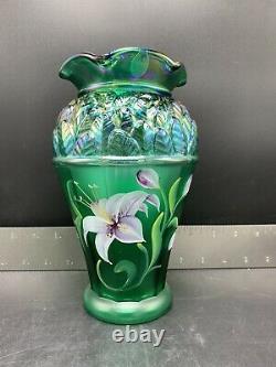 Fenton Glass Lily Cut Emerald Green Designer Showcase Series Flower Vase Signed