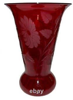 Fenton Ruby #184 -11 1/2 Floral Cut Vase SCARCE