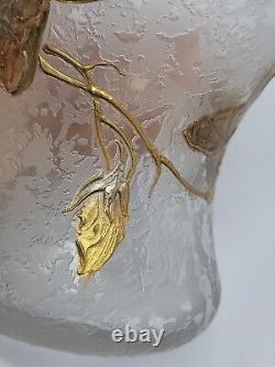 French Legras Raised Gold & Platnum Floral Vine 7 Inch Acid Cut Vase 1880s