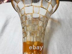 Funky big Antique Bohemian Moser School Amber Art Glass Cut-to Clear Vase 11.5T