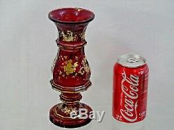 GORGEOUS ANTIQUE BOHEMIAN RED GLASS VASE GOLD / WHITE ENAMEL HAND CUT Moser 19c