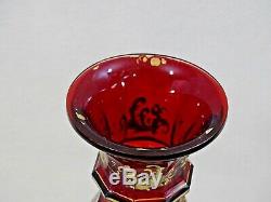 GORGEOUS ANTIQUE BOHEMIAN RED GLASS VASE GOLD / WHITE ENAMEL HAND CUT Moser 19c