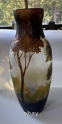 Galle Style Signed French Art Glass Cameo Vase 3 Color Forest Trees Landscape