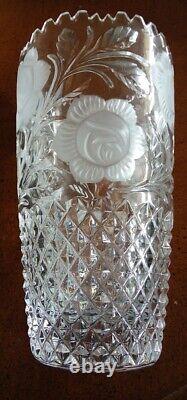 German Hand Cut Glass Lead Crystal Vase Roses West Germany Sawtooth Top Perfect