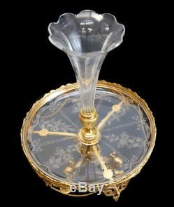 Gilt Bronze Ormulu & Cut & Etched Glass Epergne Fluted Vase, Late 19th Century