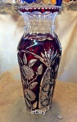 Gorgeous Antique Bohemian 13-1/2 Heavy Ruby Red Cut to Clear Roses Vase RBE