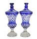 Gorgeous Large Pair Of Bohemian Cobalt Blue Cut To Clear Lidded Urns, C. 1910