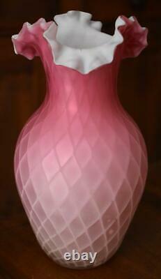 Gorgeous Pink To Light Pink Diamond Quilted Cut Velvet Ruffled Cased Glass Vase