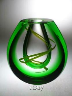 Green cut glass vase Czech art glass Designer vase Bohemian